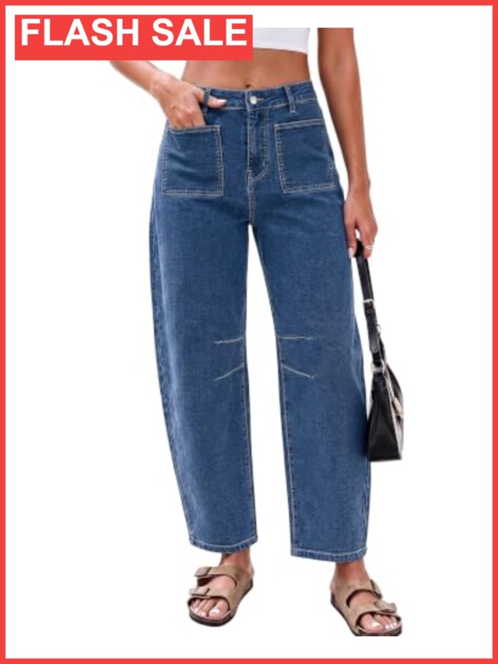 Barrel Jeans Cropped High Waisted Patch Pocket Baggy Stretch Denim Wide Leg